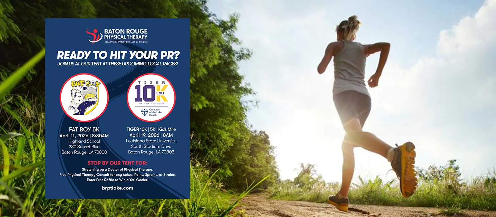 Join us at the Fat Boy 5k on April 11th and the Tiger 10k on April 18th. Call one of our clinics for more details.